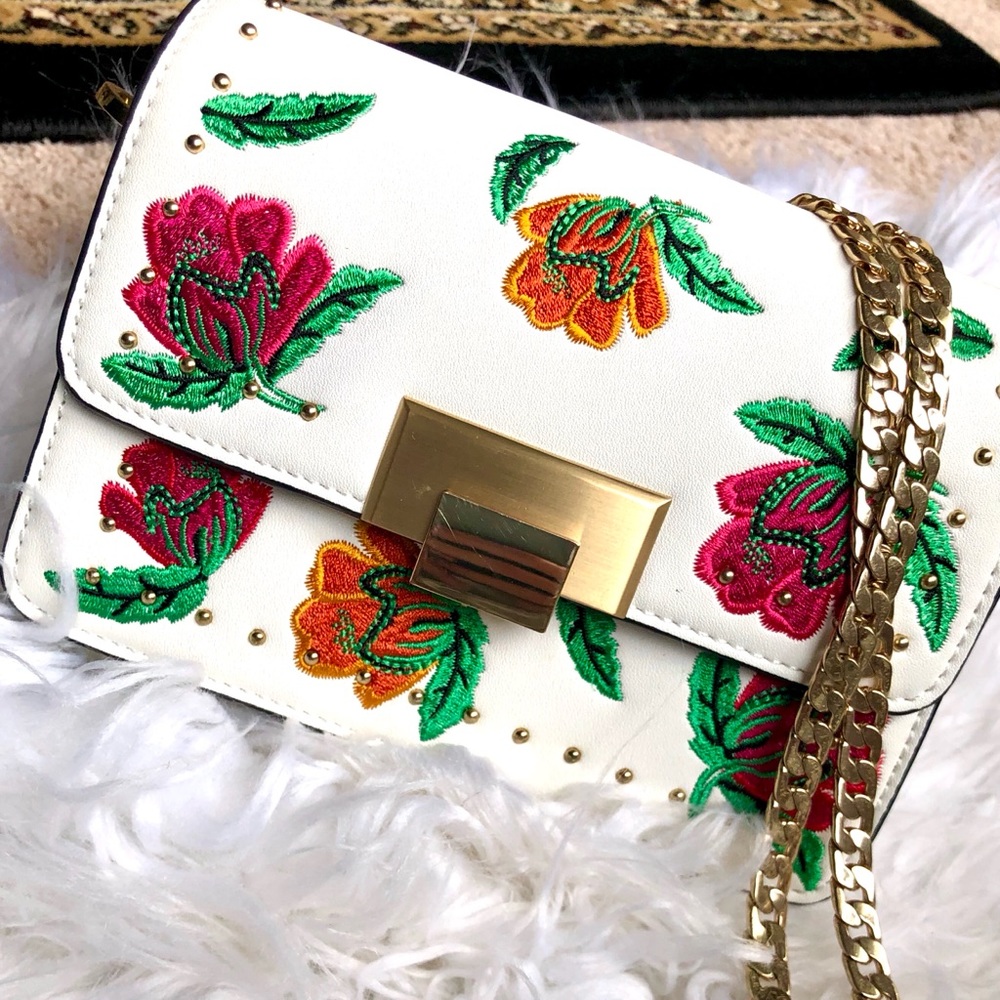 TopShop Embroidered Floral Handbag with Gold Chain